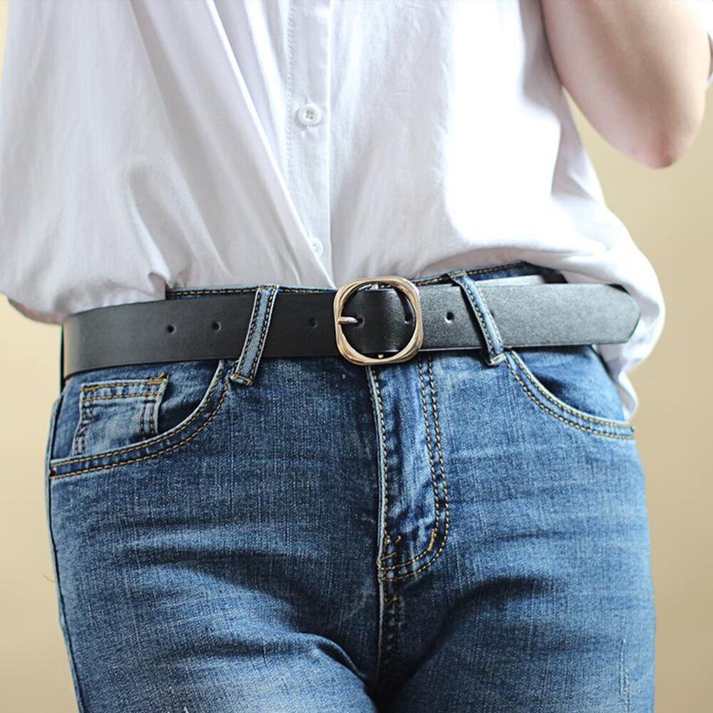 Belt Classic Faux Leather Black Square Metal Buckle Gold Tone Metal Buckle - Picture 5 of 6